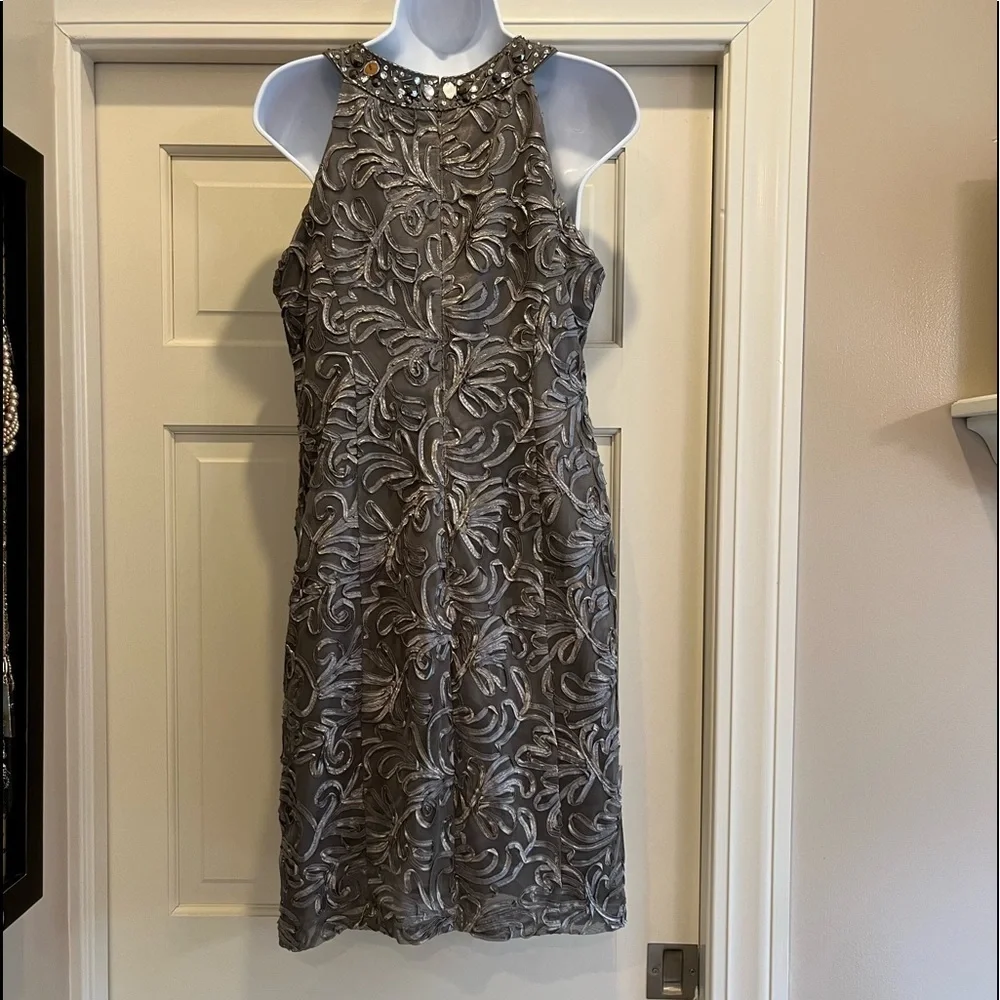 GRAY Ignite Evenings knee length dress, keyhole neck with rhinestones. Like new - Picture 2 of 5